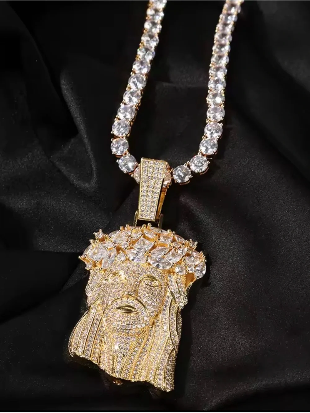 Gold &  Jesus Head Pendant Necklace with tennis chain 20inch